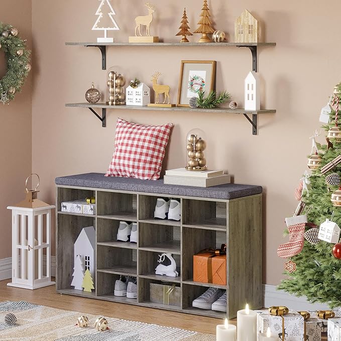 DINZI LVJ Shoe Storage Bench with Cushion, 16-Cubby Shoe Rack, Adjustable Shelves, Multifunctional Shoe Organizer Bench for Entryway, Mudroom, Hallway, Living Room, Bedroom and Garage, Gray Wash-NeatNest