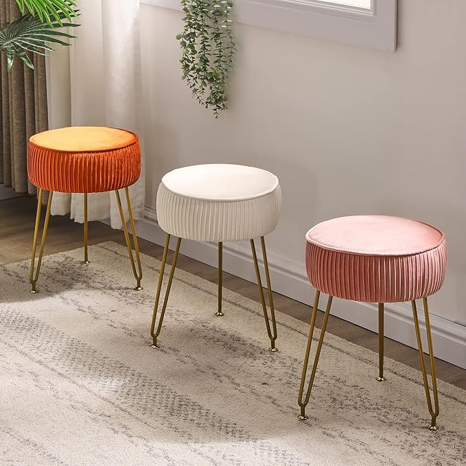 IBUYKE Velvet Round Footrest Stool Ottoman, Makeup Vanity Stool Side Table, Velvet Dressing Table Seat, Pouf Couch Stool, Golden Steel Legs, Creamy-White LG-30M