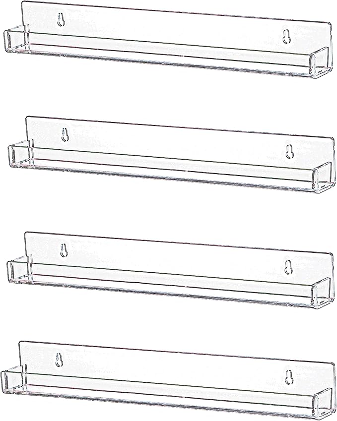 IEEK 4 PCS Floating Invisible Kids Bookshelf Wall Mounted Nail Polish Rack,Clear Acrylic Picture Ledge Vinyl Record Display Shelf Nail Polish Holder with Removable Anti-Slip End Inserts,15 inch-NeatNest