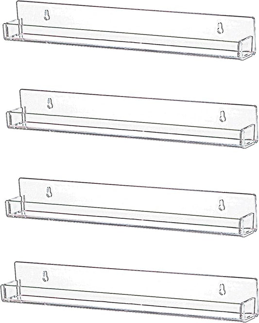 IEEK 4 PCS Floating Invisible Kids Bookshelf Wall Mounted Nail Polish Rack,Clear Acrylic Picture Ledge Vinyl Record Display Shelf Nail Polish Holder with Removable Anti-Slip End Inserts,15 inch-NeatNest