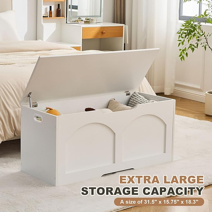 39.4" Storage Chest, Wooden Storage Bench, Storage Trunk, Chest with Lift Top, Large Box Entryway Bench, Supports 330 lb U-Shaped Opening for Entryway, Hallway, Living Room, Ivory White