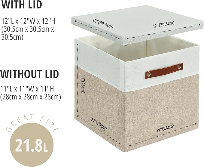 DECOMOMO Storage Basket with Lid, Storage Cubes with Handles, Fabric Box with Lid (Beige and White, 11” / 3 Pack)-NeatNest
