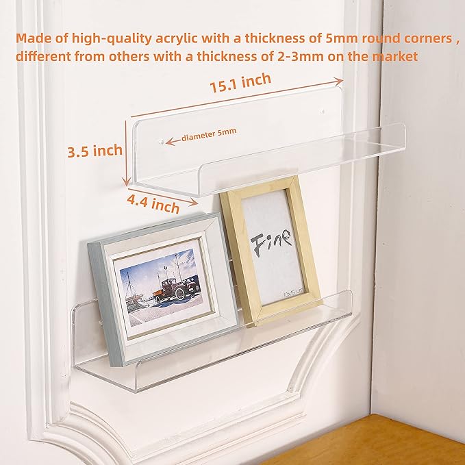 CY craft 6 PCS Acrylic Invisible Floating Bookshelf for Kids Room,15 inch Modern Picture Ledge Display Toy Storage Wall Shelf 5MM Thick U Shelves Storage Rack-NeatNest