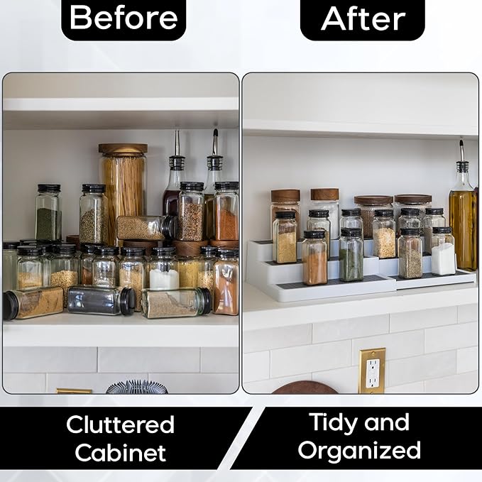 Expandable 3 Tiered Spice Rack Organizer for Cabinet and Kitchen Pantry Shelf - Set of 2 Non-Slip Shelves for Spices, Seasoning, Canned Food, Medicine - Includes Silicone Funnels for Easy Refilling-NeatNest