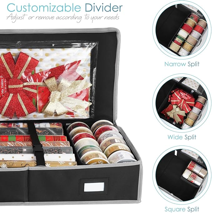 Hearth & Harbor Wrapping Paper Storage Container and Clear Wrap Paper Holder - Christmas Storage Bag with Interior Pockets - Fits Up to 36 Rolls of 40" - Tear Proof, Black-NeatNest