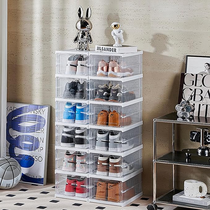 Foldable Shoe Rack Collapsible Storage Box Size up to 14, Stackable Plastic Bins Tote with Lids Organizing Installation Free Clear Dustproof 6-Tiers-NeatNest