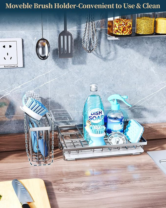 Consumest Sink Caddy, Kitchen Sponge Holder with Dish Brush Holder, Kitchen Sink Organizer with Drip Tray for Countertop Stainless Steel Rustproof, Silver-Large-NeatNest