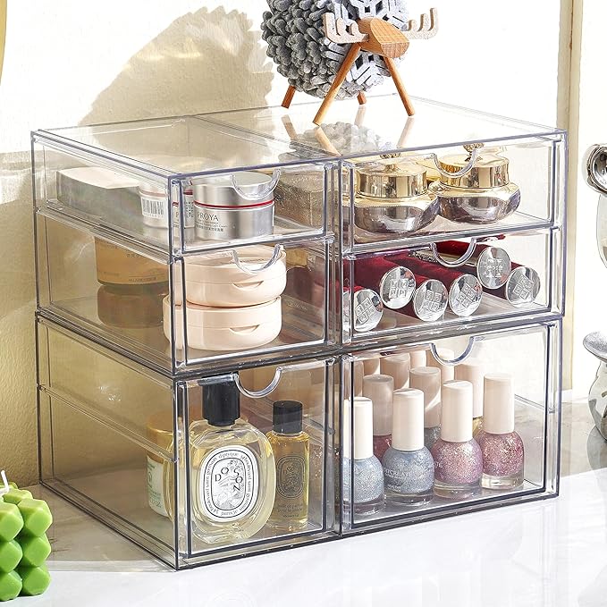 Prsildan Acrylic Drawer Makeup Organizer with 6 Drawers, Set of 2 Office Desk Organizers Accessories, Clear Stackable Storage Drawers for Vanity, Craft, Not for Baby Bottle (Largest Drawer 4" Tall)-NeatNest