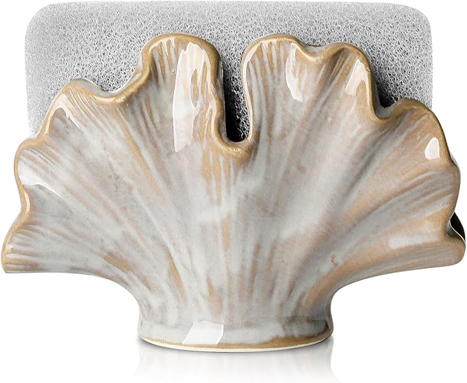 Ceramic Sponge Holder,Sponge Holder for Kitchen Sink,Compact Sink Caddy Organizer-Scouring Pad and Dish Holder,Farmhouse Kitchen Decor Cute Gadgets Accessories(Brown Grey)-NeatNest