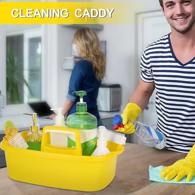 Cleaning Supplies Caddy Organizer with Handle Plastic Tool Storage Basket for Bathroom, Kitchen, Under Sink,2 Pack with 2Pack Microfiber Cleaning Cloths, Yellow