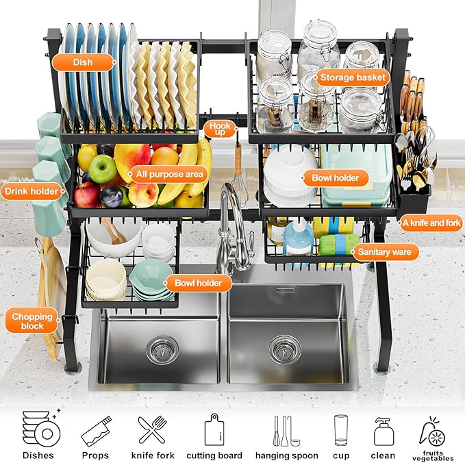 YKLSLH 3 Tiers 6 Baskets Over The Sink Dish Drying Rack Extendable (24.8 "-35.4"), Large Dish Drying Rack, Kitchen Cutlery Drainer Metal Storage Counter Rack