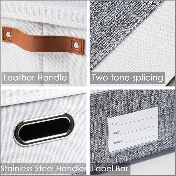 PRANDOM Foldable Storage Bins with Handles [3-Pack] Fabric Collapsible Storage Boxes Baskets Cubes Containers with Handles for Closet Living Room Bedroom (Grey & White 14.9x9.8x8.3'')-NeatNest