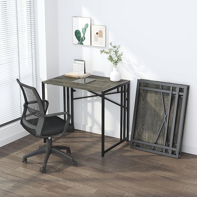 32 inch Small Folding Desk, Writing Gaming Computer Camping Desk for Small Spaces, No Assembly Required Home Office Desk, Black Oak-NeatNest