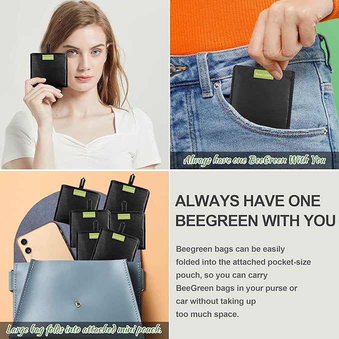 BeeGreen Black Tote Bag Shopping Bags for Groceries & Reusable Grocery Bag Heavy Duty, Large Tote Bag for Women, Foldable 6 Pack Gift Bags With Handles, Cute Cloth Washable for Holiday Travel & Bulk-NeatNest