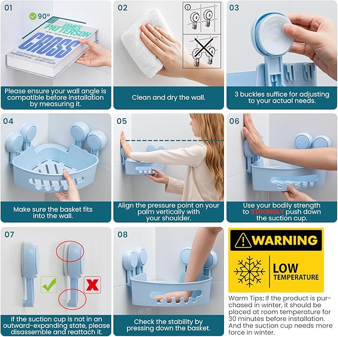 TAILI Corner Shower Caddy with Suction Cups, Wall Mounted Organizer Plastic Rack for Small Bathrooms, Kitchen, Removable Drill-Free Heavy Duty Shelf Basket, BLUE