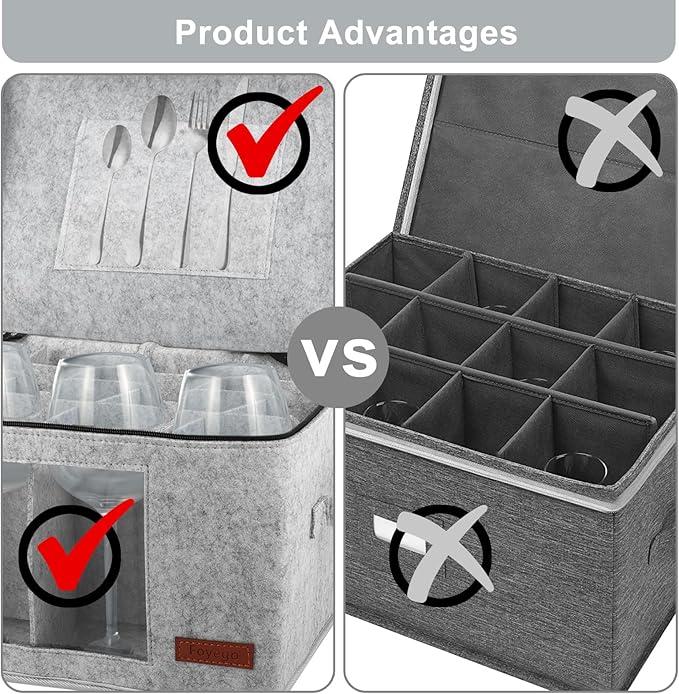 2 Pack Wine Glass Storage Box with Dividers, Stemware Storage Containers for Packing and Moving, China Storage Containers Box for 12 Crystal Glassware, Wine Glasses, Drinkware,Light Gray-NeatNest