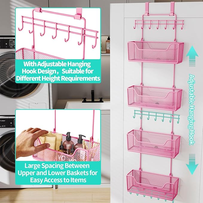 HapiRm Over Door Organizer Storage - Hanging Door Organizer with 4 Metal Large Capacity Baskets and Adjustable Coat Hook for Bathroom Bedroom Kitchen Pantry Closet Cabinet-NeatNest