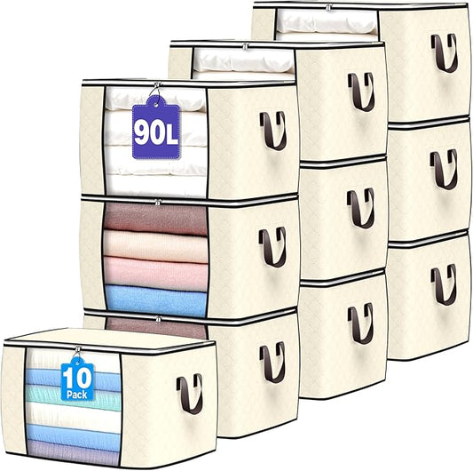 Budding Joy 90 L Large Storage Bags, 10 Pack Clothes Storage Bins Foldable Closet Organizers Storage Containers with Reinforced Handle for Clothing, Blanket, Comforters, Bed Sheets, Pillows (Beige)-NeatNest