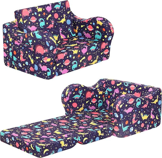 Dinosaur Kids Sofa, 2-in-1 Kids Couch Fold Out, Convertible Sofa to Bed for Girls and Boys-NeatNest