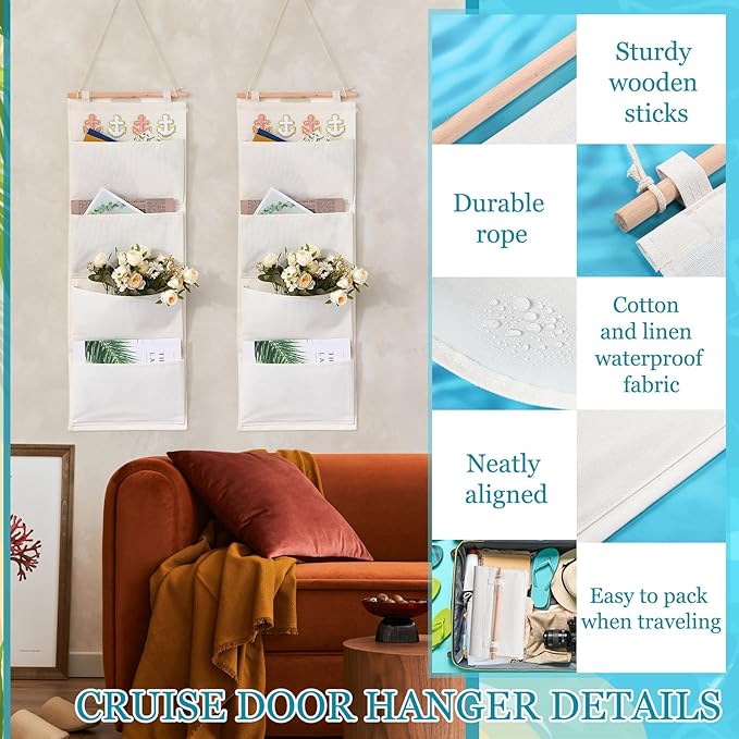 Fish Extender Cruise Gift Hanging Organizer with 4 Pockets and 4 Pcs Iron on Anchor Patches Cabin Door Hanger Storage Bag 2025 FE for Exchange Gifts and Pixie Dusting(Beige, Pink, White)-NeatNest
