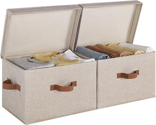 StorageWorks Fabric Storage Bins with Lid, Decorative Storage Boxes for Shelves, Stackable Closet Organizer Basket with Handles, Large, Brown and Beige, 2-Pack-NeatNest