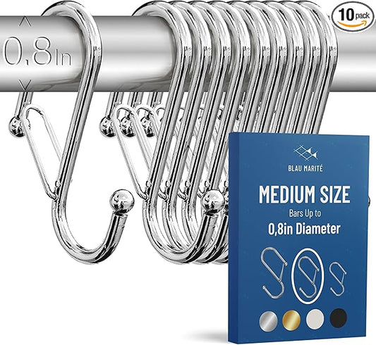 10-Pack Metal S Hooks for Hanging – Heavy-Duty S-Shaped Hook with Safety Buckle – Fits Bars up to 0.8 In – Anti-Drop S-Hooks for Kitchen, Bathroom, Closet & Pot Racks – Silver (Medium)-NeatNest