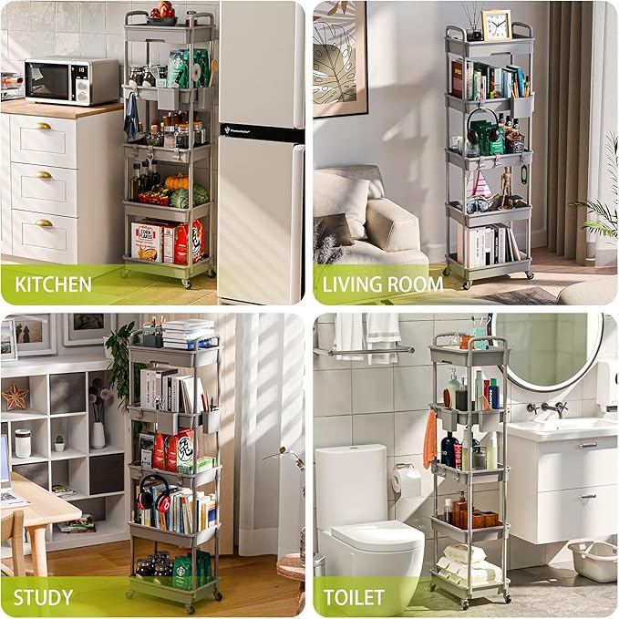 5 Tier Rolling Cart Organizer,Bathroom Cart Organizers with Wheels Laundry Room Organization Mobile Shelving Unit Utility Cart Storage Shelves Multi-Functional for Office, Home(Grey)-NeatNest