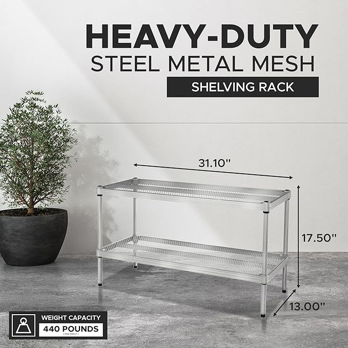 Design Ideas MeshWorks, 2-Tier Steel Shelving Rack, 440lb Capacity Per Shelf, Silver-NeatNest