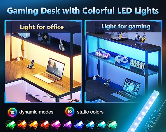 Casaottima Gaming Desk with Power Outlets & LED Lights, 43 Inch Reversible L Shaped Computer Desk with Shelves & Storage Bag, Corner Desk for Home Office, Black-NeatNest
