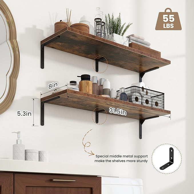 Fun Memories Deep Floating Shelves, 32W x 8D Floating Shelves Set of 2, Wall Mounted Shelf with Metal Brackets, Rustic Wood Wall Shelf for Bathroom, Kitchen and Living Room, Rustic Brown-NeatNest