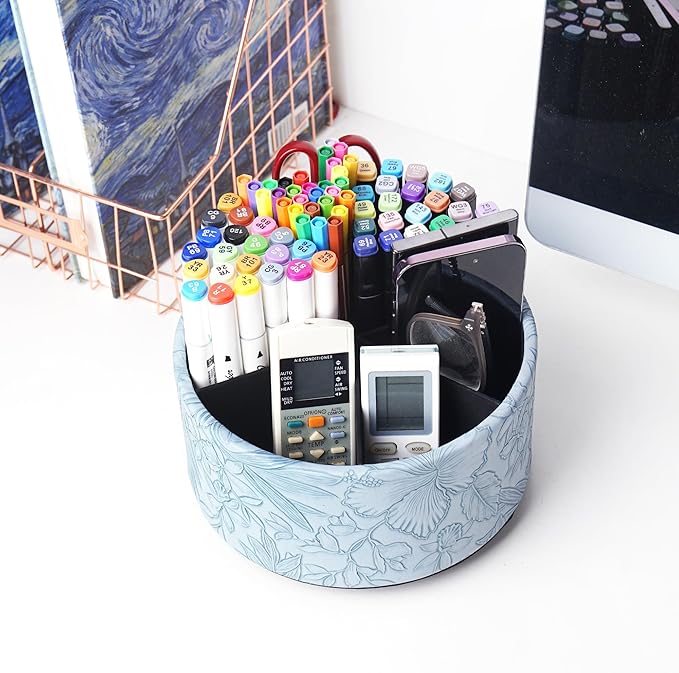 Hennaja Remote Control Holder, 360°Spinning PU Leather Desk TV Remote Caddy,Desk Storage Box Room Accessories for Controller, Media,Mail,Calculator, Mobile Phone,Pencil(1-Carved Blue)-NeatNest