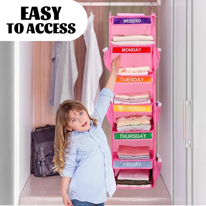 2 Pack 6-Shelf Weekly Clothes Organizer for Kids, Hanging Daily Closet Organization with 6 Side Pockets, Days of The Week Clothing Divider Storage for Boys and Girls (Pink)-NeatNest
