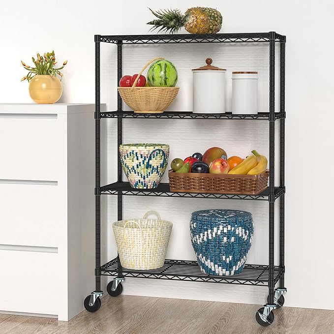 4-Tier Storage Shelving Unit with Wheels, Metal Rolling Storage Shelves Adjustable Layer Steel Rack Shelf, Wire Shelving Storage for Kitchen Garage Pantry Office, Black (14D x 36W x 57H)