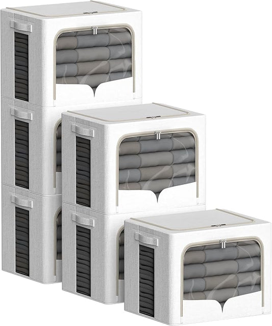 6 Pack Clothes Storage Bins with Metal Frame Clothing Storage Bins with Lid Linen Fabric Storage Box With Clear Window＆ Zippers＆ Durable Handles (Extra Large- 80L, Count, 6)-NeatNest