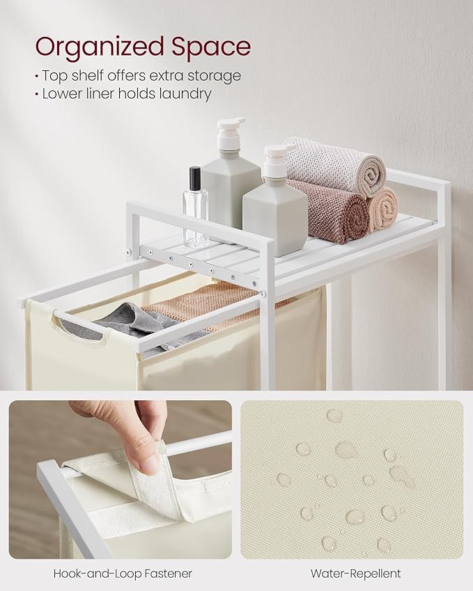 VASAGLE Laundry Hamper, Laundry Basket, Laundry Sorter with a Pull-Out and Removable Bag, Shelf, Metal Frame, 12.4 Gallons (47 L), 16.5 x 11 x 29.5 Inches, Cream White and Cloud White UBLH001W01-NeatNest