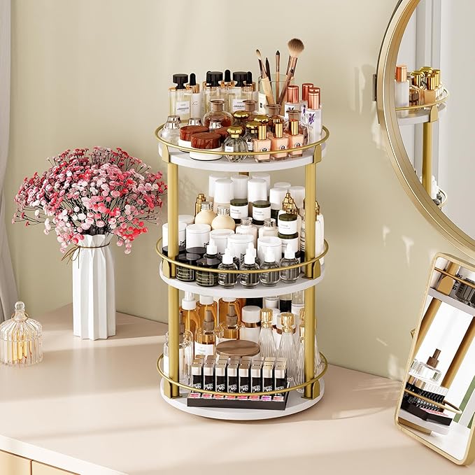 3-Tier Lazy Susan, Rotating Spice Rack, Spinning Organizer, Industrial Turntable Spice Rack for Cabinet, Kitchen Countertop, Pantry, White and Gold SR23DW-NeatNest