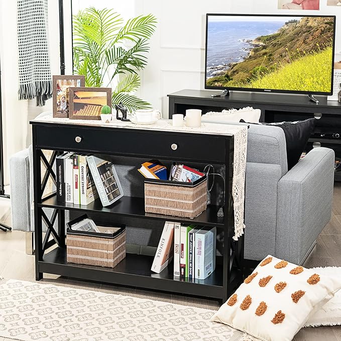 GOFLAME 39" Console Sofa Table with Drawers, 3-Tier Narrow Entry Table with Storage Shelves for Living Room Behind Couch, Entryway, Hallway (Black)-NeatNest