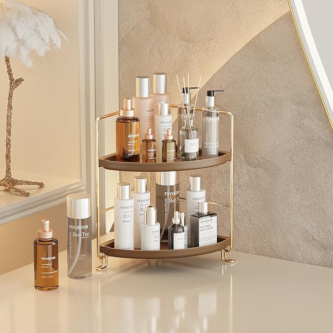 FSyueyun 2-Tier Corner Bathroom Counter Organizer, Tool-Less Installation Corner Vanity Organizer Small Plastics Countertop Makeup Tray Skincare Perfume Organizers (Gold & Brown)-NeatNest