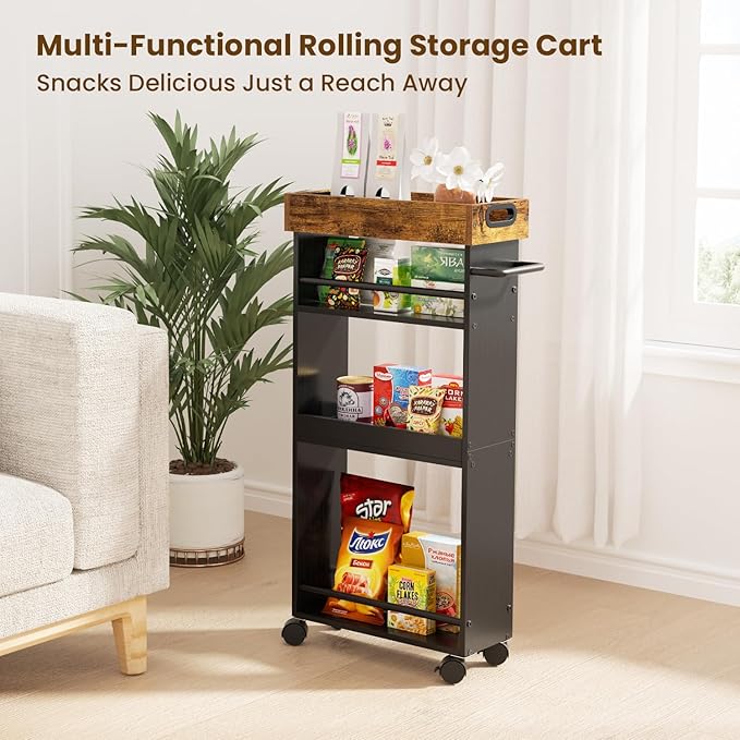Slim Storage Cart, 4 Tier Bathroom Storage Cart with Pallets, Kitchen Utility Cart, Narrow Rolling Cart with Handle for Small Spaces for Dining Room, Bathroom, Laundry Room