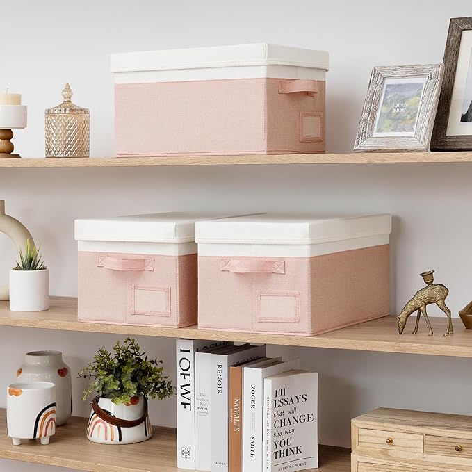 GRANNY SAYS Stackable Storage Bins with Lids, Decorative Closet Organizers, 3-Pack, Pink & Ivory-NeatNest