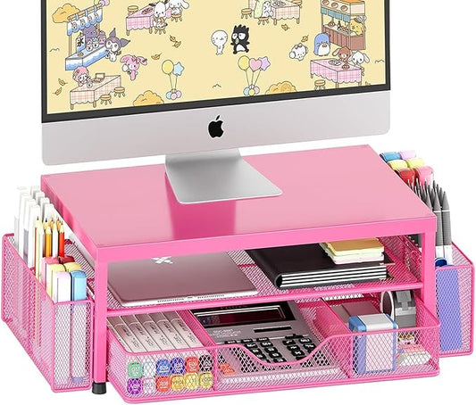 Desk Organizers and Accessories, 2-Tier Computer Monitor Stand Riser with Drawer and 2 Pen Holders, Laptop Stand, Office Desk Accessories for Office Supplies, Carmine Rose