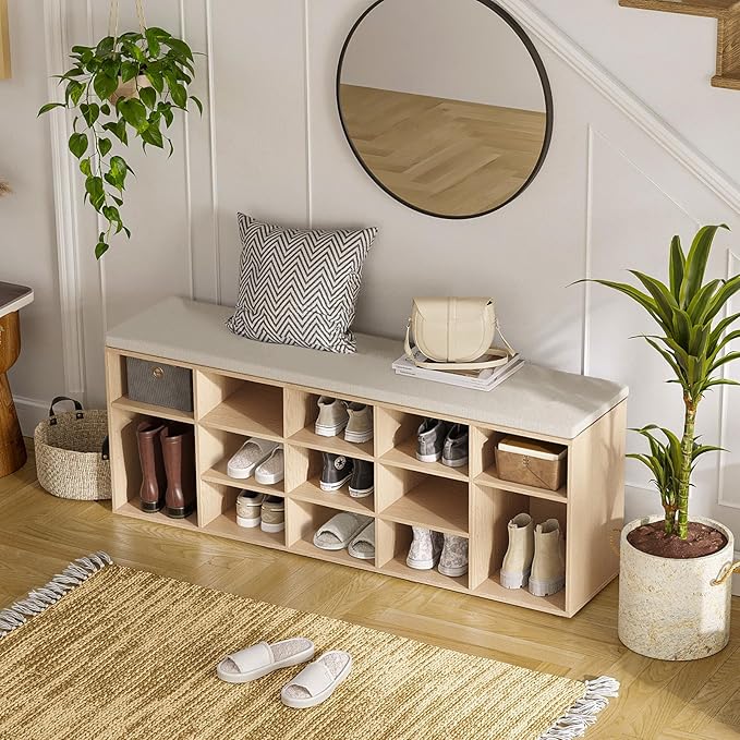 DINZI LVJ Shoe Storage Bench with Cushion, 15-Cubby Shoe Rack, Adjustable Shelves, Long Shoe Organizer Bench for Entryway, Mudroom, Hallway, Living Room, Bedroom and Garage, Natural-NeatNest
