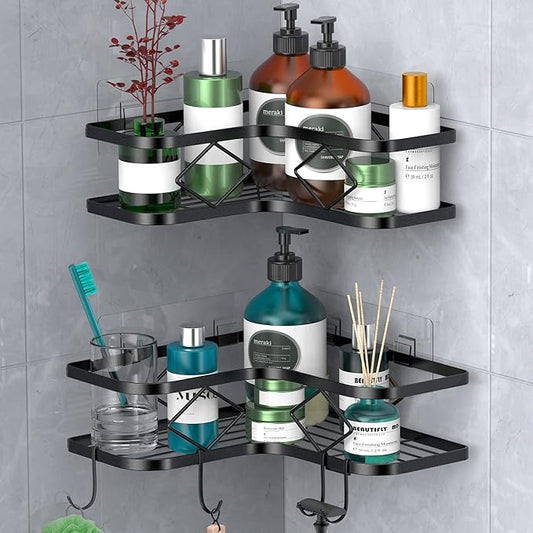 Shower Caddy, 2 Pack Corner Organizer Shelf, Rustproof Wall Mount Shower Storage Rack, No Drilling, 40 lbs Capacity (Glossy Black)