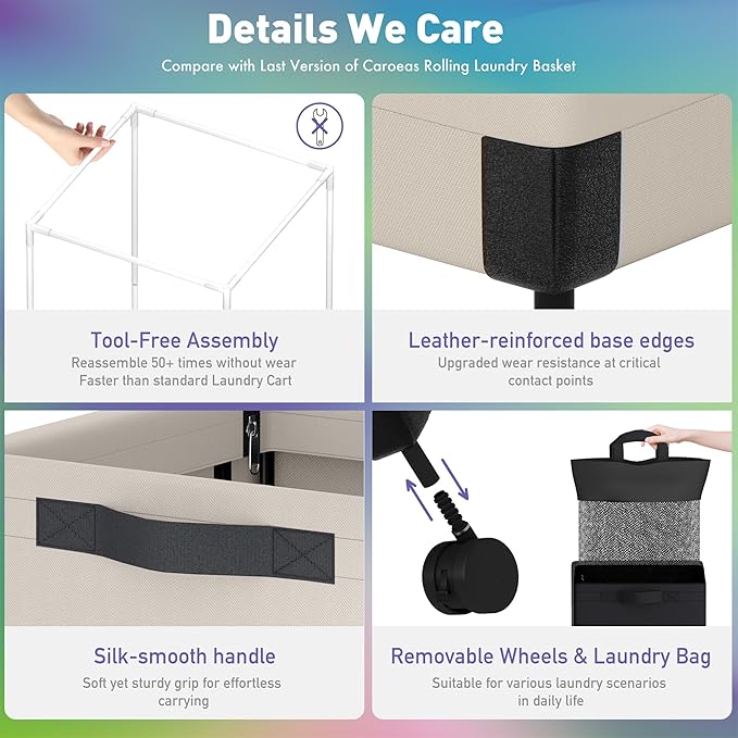 Caroeas Next-Gen 105L Matel Frame Laundry Basket with wheels, Heavy Duty Tall Rolling Laundry Hamper with Removable Wash Bag, Collapsible Freestanding Clothes Hamper (100L,Beige,1Pack)
