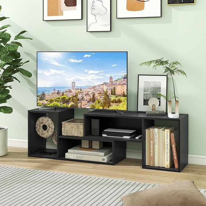 GOFLAME 2 Pieces TV Stand, Modern Entertainment Center for TVs up to 55 Inches, Free Combination Bookcase for Storage & Display, TV Console Table for Living Room, Bedroom, Black-NeatNest