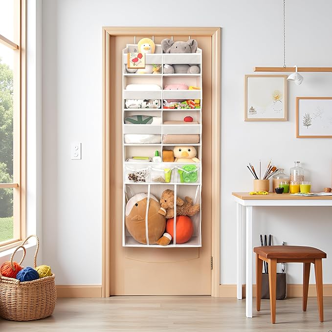 Extra Large Over The Door Organizer with Clear Pockets - 8 Compartments & XL Bottom Storage, Heavy-Duty Hanging Organizer for Bathroom, Bedroom, Closet (57 Inch Height). (Beige)