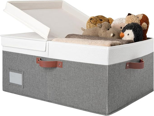 GRANNY SAYS Decorative Storage Boxes with Lid, Large Storage Bins with Double-Open Lid and Divider, Fabric Storage Bins for Clothes, Linen Storage Bins, 63L Closet Storage Bins, White&Gray-NeatNest