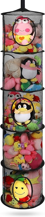 Hanging Net for Stuffed Animals, Foldable Storage Organizer 5 Compartments Toy Storage Organizer for Kid Room Toys, Gloves,Hats,Socks Storage（Black）-NeatNest