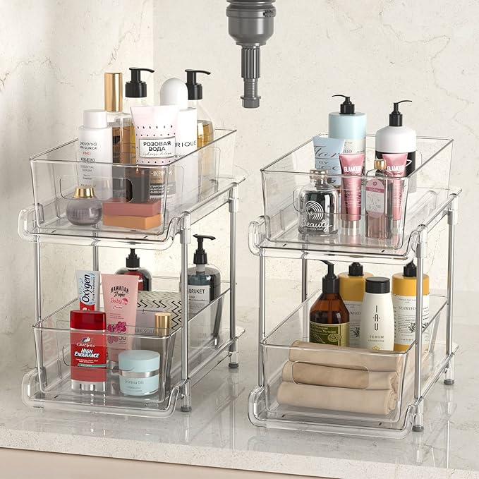 HIHEGD 2 Tier Bathroom Storage With Dividers, Clear Under Sink Pull Out Organizer for Kitchen Pantry, Medicine Cabinet-NeatNest