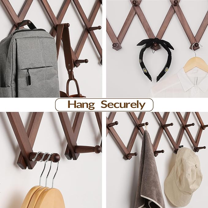 Hat Rack for Wall, Expandable Wall Hat Holder with 16 Hooks, 16 inch Wooden Wall Hook for Baseball Caps,Cowboy, Bag,Hoodie(Brown)-NeatNest
